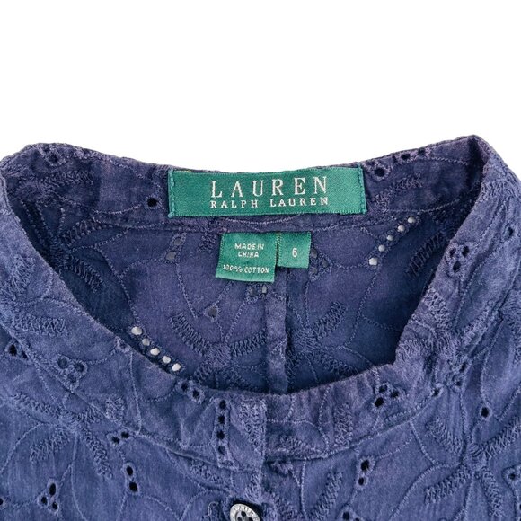 Lauren Ralph Lauren Women's Blouse size 6 Navy Blue Long Sleeves Ruffled Eyelet - Picture 2 of 4